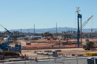 Construction is in full swing at the site for the future Las Vegas Raiders' Stadium, Thursday Feb 8, 2018.