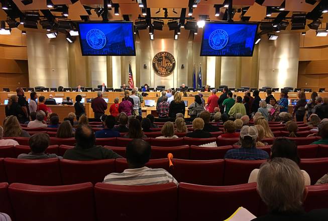 Residents line up on Monday, Feb. 12, 2018, at a Las Vegas City Council special meeting to oppose city annexation of 10 Clark County islands. The move would cost the county $3 million.