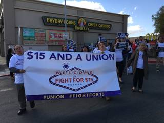 Local fast food workers joined a national strike in honor of the 50th anniversary of the Memphis Sanitation Strike at a fast food establishment on Flamingo and Eastern, Monday, Feb. 12, 2018. Like their predecessors, today's workers went on strike for a livable wage and union rights.