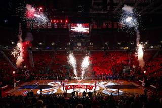 Pyrotechnics explode during a pregame show before a UNLV game against the Air Force Falcons at the Thomas & Mack Center Wednesday, Feb. 14, 2018.