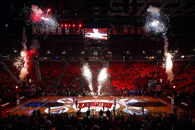 Pyrotechnics explode during a pregame show before a UNLV game ...