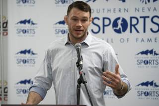 Inductee Forrest Griffin speaks during a news conference to announce the newest inductees into the Southern Nevada Sports Hall of Fame Tuesday, February 13, 2018.