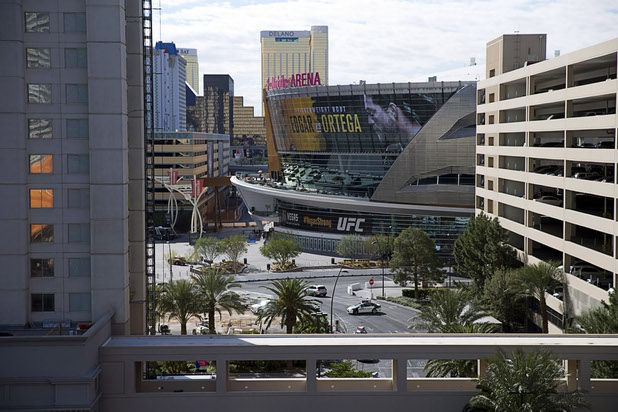 A view of T-Mobile Arena from the South Primrose Veranda during a tour of the new Aria East Convention Center Thursday, Feb. 15, 2018. 