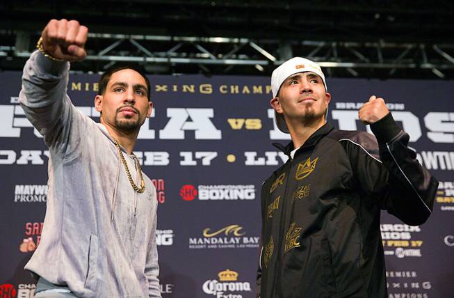 Welterweight boxers Danny Garcia, left, of Philadelphia and Brandon Rios of Oxnard, Calif. pose during a news conference at the Mandalay Bay Thursday, Feb. 15, 2018. The boxers will fight in a 12-round welterweight bout at the Mandalay Bay Events Center Saturday.