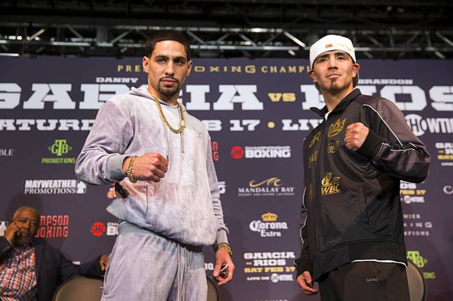 Welterweight boxers Danny Garcia, left, of Philadelphia and Brandon Rios of Oxnard, Calif. pose during a news conference at the Mandalay Bay Thursday, Feb. 15, 2018. The boxers will fight in a 12-round welterweight bout at the Mandalay Bay Events Center Saturday.