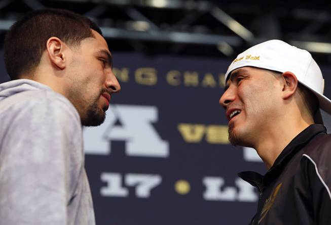 Welterweight boxers Danny Garcia, left, of Philadelphia and Brandon Rios of Oxnard, Calif. face off during a news conference at the Mandalay Bay Thursday, Feb. 15, 2018. The boxers will fight in a 12-round welterweight bout at the Mandalay Bay Events Center Saturday.