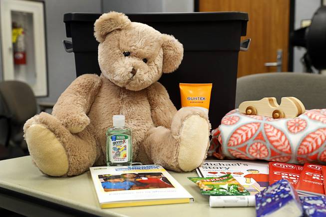 Contents of a trauma intervention resource kit are displayed during an interview at Las Vegas Fire & Rescue Station Friday, Feb. 16, 2018.