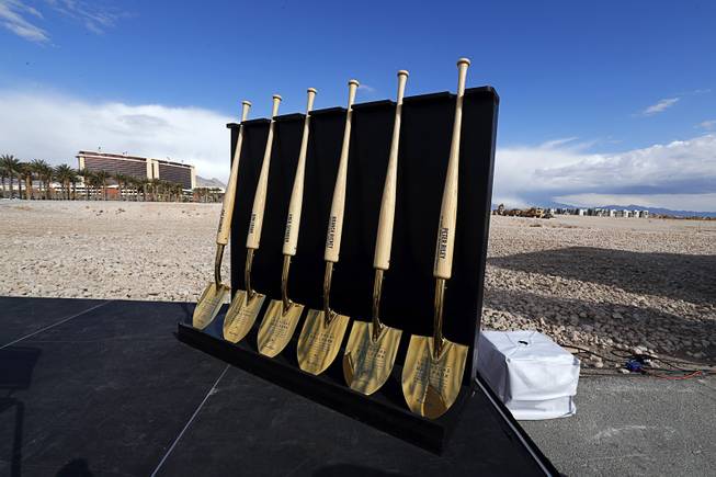Commemorative shovels with baseball bat handles are displayed during a groundbreaking ceremony for Las Vegas Ballpark, a 10,000-fan capacity baseball stadium and future home of the Las Vegas 51s, in Summerlin Friday, Feb. 23, 2018.