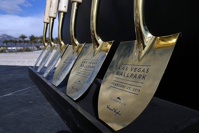 Commemorative shovels are displayed during a groundbreaking ceremony for Las Vegas Ballpark, a 10,000-fan capacity baseball stadium and future home of the Las Vegas 51s, in Summerlin Friday, Feb. 23, 2018.
