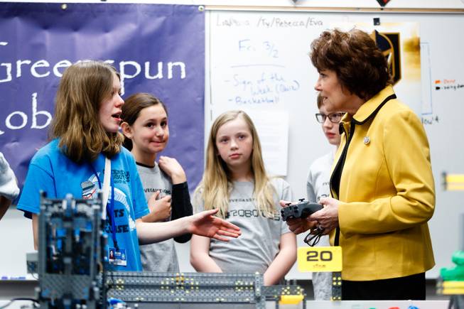 Isabel Letourneau, 13, explains the rules of robotics tournaments to Congresswoman Jacky Rosen (NV-03) during a meeting with Greenspun Junior High School teachers and students from the schools three winning robotics teams, Friday, Feb. 23, 2018. The VEX IQ Robotics teams recently won the State Championship Tournament and have been invited to represent Nevada in the 2018 VEX Robotics Worlds Competition this April in Louisville, Kentucky.