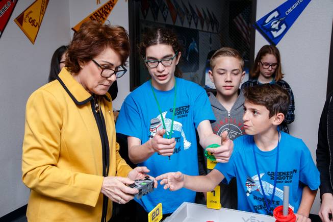 Congresswoman Jacky Rosen (NV-03) listens as students explain how to control a VEX IQ robot during a meeting with Greenspun Junior High School teachers and students from the schools three winning robotics teams, Friday, Feb. 23, 2018. The VEX IQ Robotics teams recently won the State Championship Tournament and have been invited to represent Nevada in the 2018 VEX Robotics Worlds Competition this April in Louisville, Kentucky.