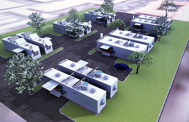 An artist's illustration shows a tiny home community proposed for Veterans Village 2 near downtown Las Vegas Saturday, Feb. 24, 2018. The initial project will have 11 homes.