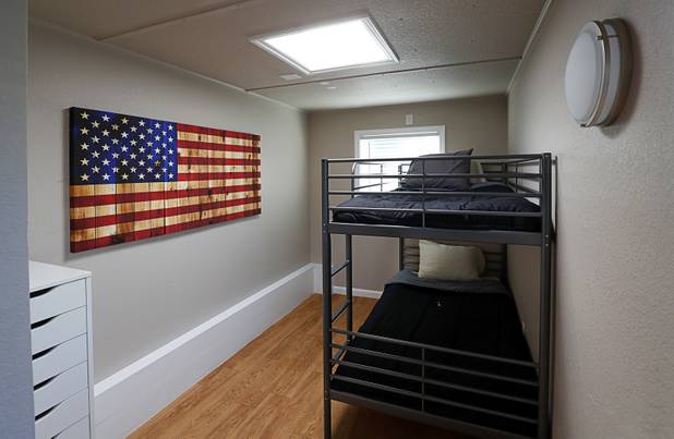 A view of the bedroom in a tiny home, made from a shipping container, at Veterans Village 2 near downtown Las Vegas Saturday, Feb. 24, 2018.