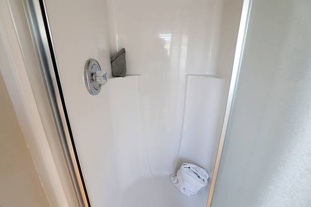 A view of the shower in a tiny home, made from a shipping container, at Veterans Village 2 near downtown Las Vegas Saturday, Feb. 24, 2018.