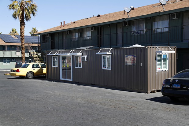 A tiny home, made from a shipping container, is shown at Veterans Village 2 near downtown Las Vegas Saturday, Feb. 24, 2018.