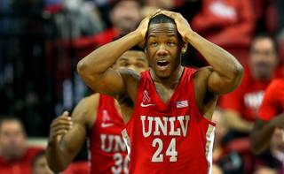 UNLV guard Jordan Johnson (24) reacts after being called for a foul during a game against the UNR Wolfpack at the Thomas & Mack Center Wednesday, Feb. 28, 2018.