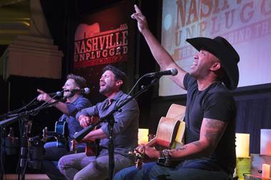 From left, singer-songwriters Aaron Benward, Travis Howard, and Coffey Anderson perform during Nashville Unplugged in the Rhythm & Riffs lounge at Mandalay Bay Friday, March 2, 2018.