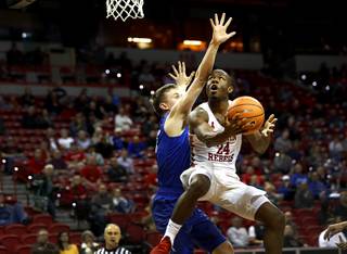 UNLV Rebels guard Jordan Johnson (24) lays up the ball during a game against Air Force in the 2018 Mountain West Men's Basketball Championship at the Thomas & Mack Center Wednesday, March 7, 2018.