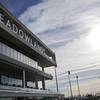 In this Nov. 20, 2013, file photo, letters spell out Meadowlands over top the new grandstand at the race track in East Rutherford, N.J.