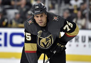 Vegas Golden Knights right wing Ryan Reaves looks on during the second period of an NHL hockey game against the Los Angeles Kings Tuesday, Feb. 27, 2018, in Las Vegas. 