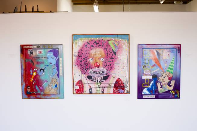 From left: "Outbreak of New Spirit," "Laugh Again Punk" and "The Judgement of Others" paintings by Three Baad Sheep on display for their exhibit I Know More Then You Think I Do at Priscilla Fowler Gallery, Friday, March 9, 2018.