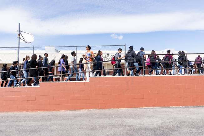 Clark High School students head back to class following a nationwide school walkout to honor the victims of the Feb. 14 Marjory Stoneman Douglas High School mass shooting and to protest gun laws, Wednesday, March 14, 2018. Clark High School students honored the Parkland, FL Marjory Stoneman Douglas High School shooting victims with seventeen minutes of silence, one minute for each of the victims.
