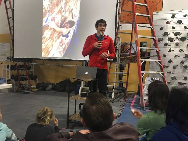 Elite professional rock climber Alex Honnold gives a talk titled Alone on El Capitan about his experience in becoming the first to solo climbwithout the use of ropesYosemite National Park's El Capitan at The Refuge Climbing Center, Thursday, March 16, 2018.
