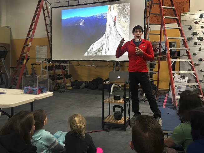 Elite professional rock climber Alex Honnold gives a talk titled Alone on El Capitan about his experience in becoming the first to solo climbwithout the use of ropesYosemite National Park's El Capitan at The Refuge Climbing Center, Thursday, March 16, 2018.