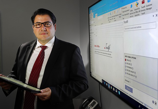Idan Udi Edry, CEO of Trustifi, poses with a sample Trustifi email message at the company's offices in Summerlin Thursday, March 22, 2017. The software uses a multi-factor authentication system to guarantee that the email is delivered and read by correct person. 