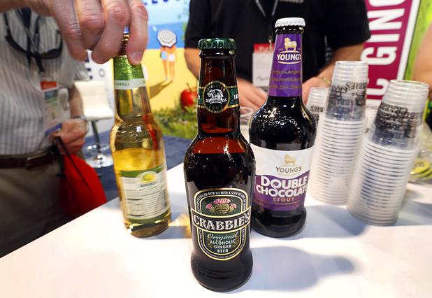 Imported beers, including Crabbies's ginger beer, are displayed during the annual Nightclub and Bar Show at the Las Vegas Convention Center Tuesday, March 27, 2018. Crabbie's, the world's first alcohic ginger beer, was established in 1801.