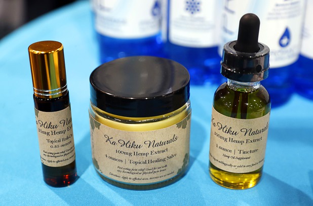 Ka Hiku Naturals are displayed during the annual Nightclub and Bar Show at the Las Vegas Convention Center Tuesday, March 27, 2018. The extracts, unveiled at the show, are made with cannabidiol (CBD) hemp oil. CBD oil has a range of possible benefits, including reducing pain and inflammation.