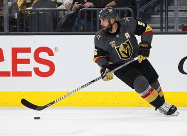 Vegas Golden Knights defenseman Deryk Engelland (5) plays against the St. Louis Blues during an NHL hockey game, Friday, March 30, 2018, in Las Vegas.