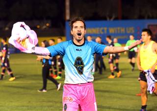 Las Vegas Lights goalkeeper Ricardo Ferrino reacts after  the Lights beat the Swope Park Rangers of Kansas City at Cashman Field Saturday, March 31, 2018. The Lights won the game 2-1.