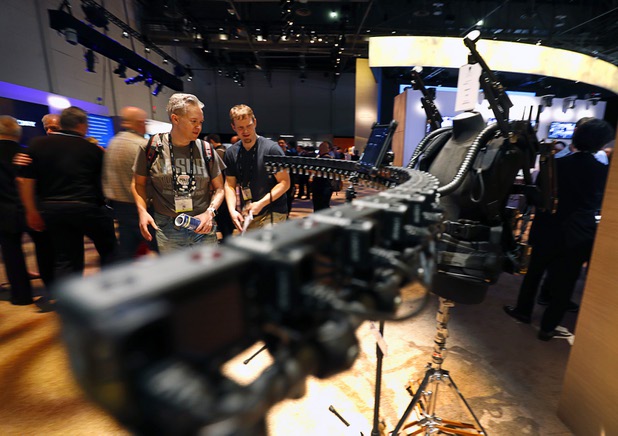 A portable "bullet-time" camera array called "Radius" by Radiant Images is shown with 38 Sony RX0 cameras during the National Association of Broadcasters (NAB) show at the Las Vegas Convention Center Tuesday, April 10, 2018.