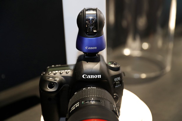 A Canon prototype "intelligent, compact camera" is displayed on a DSLR during the National Association of Broadcasters (NAB) show at the Las Vegas Convention Center Tuesday, April 10, 2018. The camera will have voice recognition and have features like image stabilization and subject tracking.