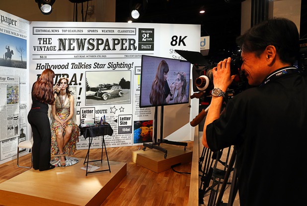 A videographer tries out an 8K camera at the Sharp 8K Shooting Studio during the National Association of Broadcasters (NAB) show at the Las Vegas Convention Center Tuesday, April 10, 2018.