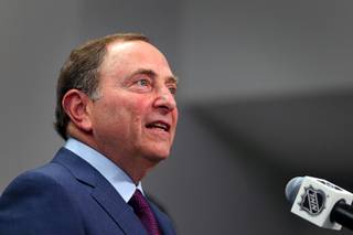 NHL commissioner Gary Bettman speaks during a news conference in T-Mobile Arena Wednesday, April 11, 2018.  Bettman announced the return of the NHL Awards show to Las Vegas. .