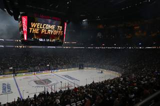 A sold-out crowd wait for the start of Game 1 of an NHL hockey first-round play-off series with the Vegas Golden Knights against the Los Angeles Kings in T-Mobile Arena Wednesday, April 11, 2018.