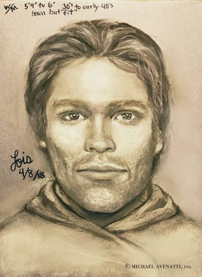 This artist's drawing released by attorney Michael Avenatti reports to show the man that the adult film actress Stormy Daniels says threatened her in a Las Vegas parking lot in 2011 to remain quiet about her alleged affair with President Donald Trump.