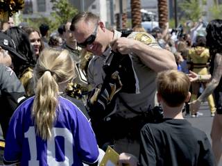Fans come out for a good luck send-off for the Vegas Golden Knights at City National Arena as they head to Los Angeles for games three and four of the series. Saturday, April 14, 2018.