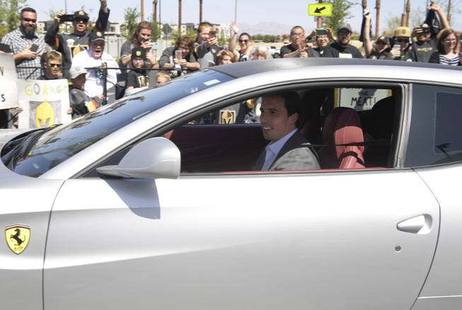 Fans come out for a good luck send-off for the Vegas Golden Knights at City National Arena as they head to Los Angeles for games three and four of the series. Here Marc-Andre Fleury leaves for the airport in his silver Ferrari to the wild cheers of fans. Saturday, April 14, 2018.