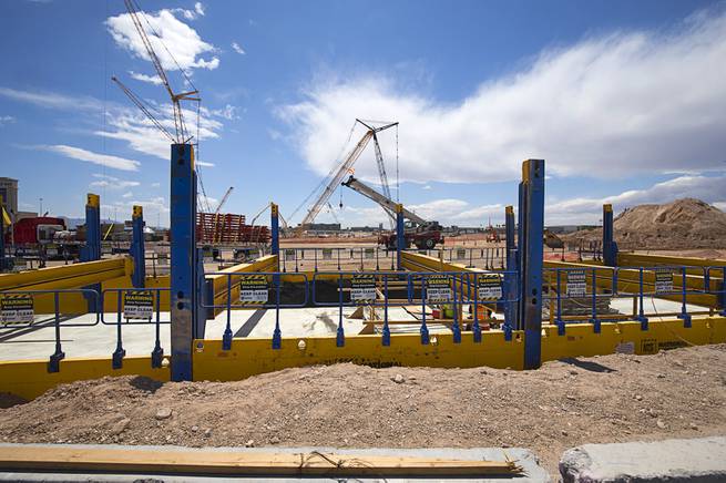 Construction continues at the site of the Raiders Stadium in Las Vegas, Thursday, April 19, 2018.