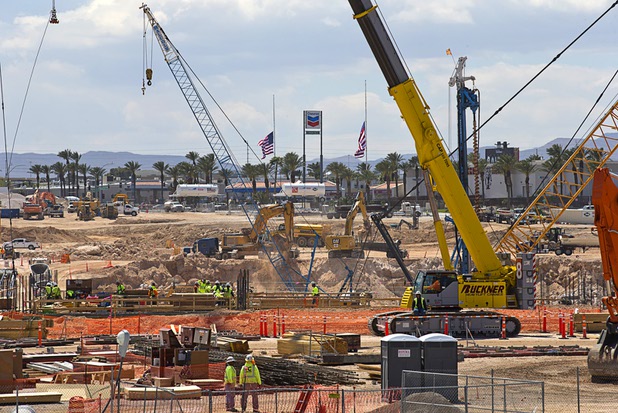 Construction continues at the site of the Raiders Stadium in Las Vegas, Thursday, April 19, 2018.