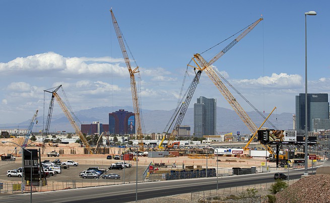 Construction continues at the site of the Raiders Stadium in Las Vegas, Thursday, April 19, 2018.