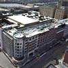 This April 24, 2018, aerial photo shows construction progress on the MGM Casino complex in downtown Springfield, Mass.