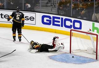 Vegas Golden Knights Golden Knights goaltender Marc-Andre Fleury (29) lies on the ice after San Jose Sharks scored in double overtime to beat the Golden Knights in Game 2 of an NHL hockey second-round playoff series at T-Mobile Arena Saturday, April 28, 2018.