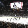 The Vegas Golden Knights celebrate their win over the San Jose Sharks in Game 5 of their NHL hockey second-round playoff game Friday, May 4, 2018, at T-Mobile Arena in Las Vegas. The Golden Knights won 5-3 to take a 3-2 lead in the best-of-seven series.