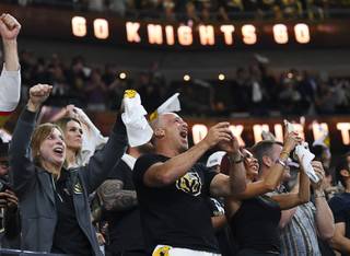 Vegas Golden Knights fans cheer after scoring in the first minute against the Winnipeg Jets during Game 3 of their NHL hockey Western Conference Final game Wednesday, May 16, 2018, at T-Mobile Arena.