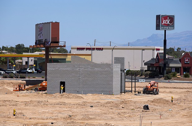 Construction is underway at Silverton Village, a $60 million dining and entertainment district under construction at Blue Diamond Road and Dean Martin Drive, Thursday, May 17, 2018.
