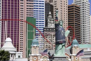 LAS VEGAS, NV - APRIL 13:  New York-New York Hotel & Casino's half-size replica of Lady Liberty wears a 600-pound vinyl Vegas Golden Knights jersey ahead of Game Two of the Western Conference First Round between the Golden Knights and the Los Angeles Kings on April 13, 2018 in Las Vegas, Nevada. The 6,000-square-foot, 62-foot-tall jersey took about 400 hours to construct and features a 14-foot-tall, 10-foot-wide team logo.  (Photo by Ethan Miller/Getty Images for MGM Resorts International)